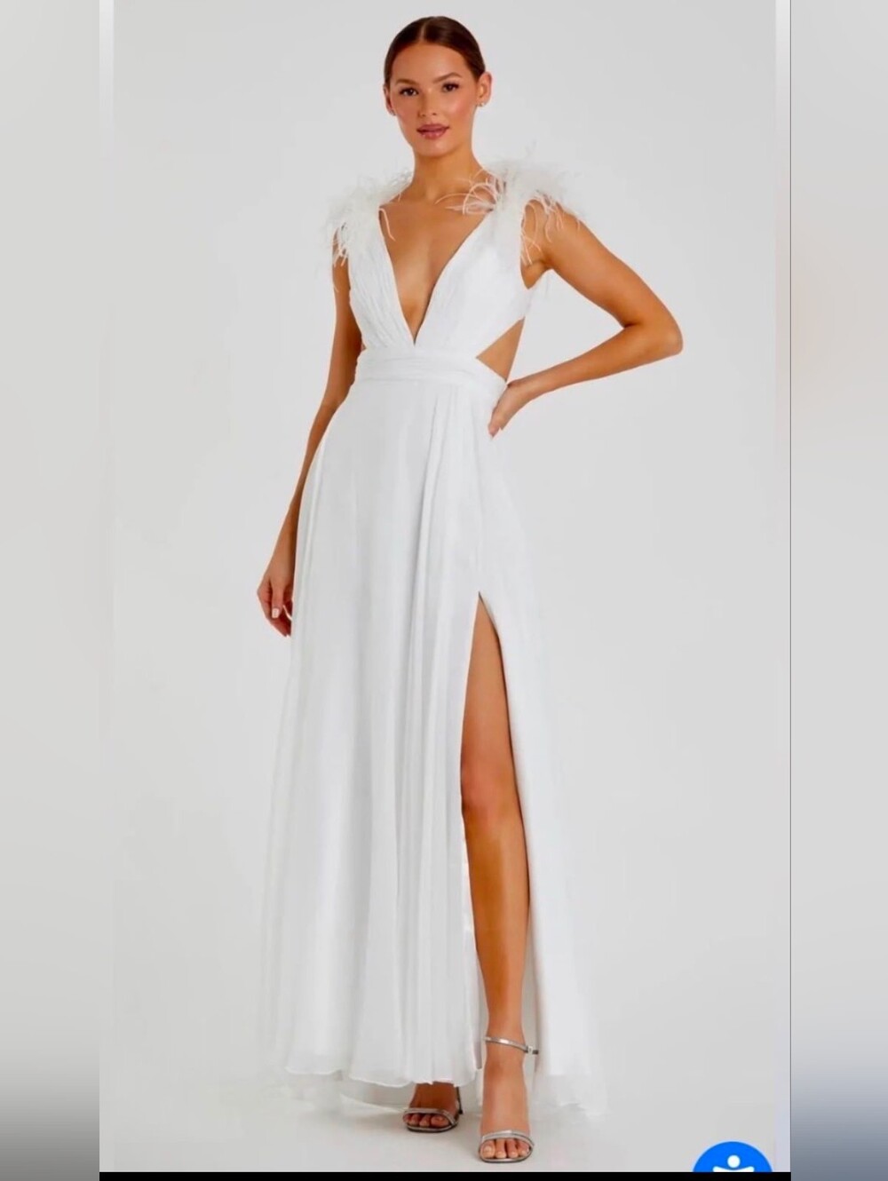 Mac Duggal Plunge Ostrich Feathee A-Line White Gown (style 68113)